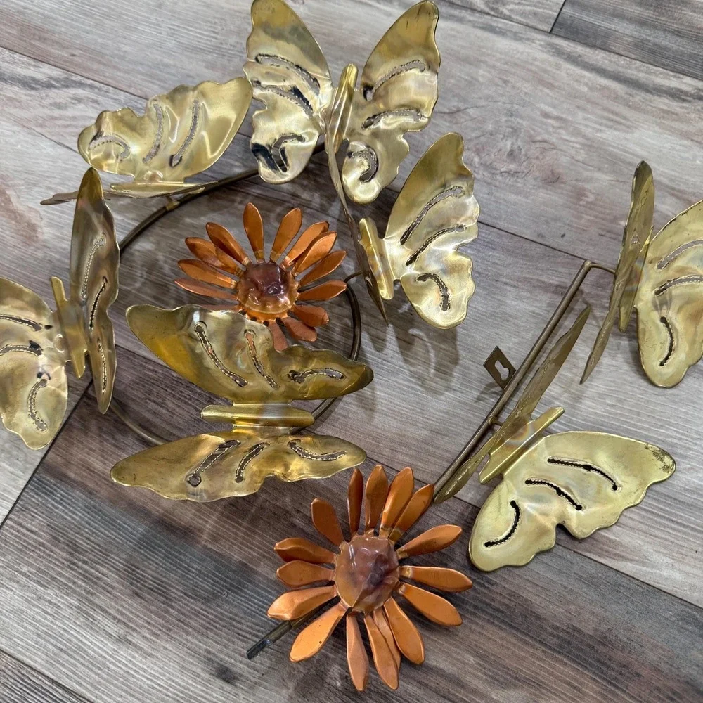 Vintage Brass Butterfly Wall Art‎ Set of 2 Copper Flowers 1970s